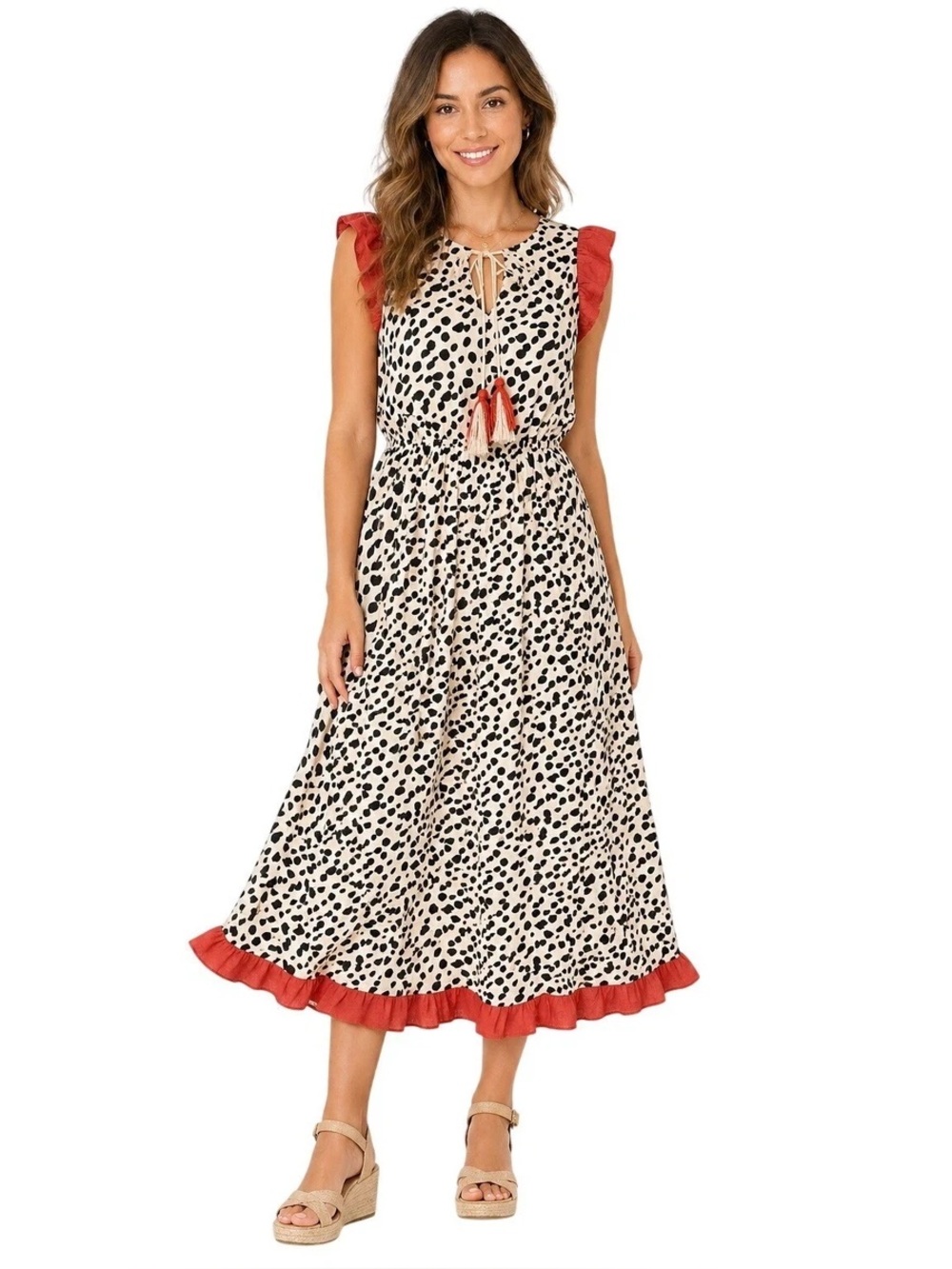 THML Boutique Dalmatian Print Midi Dress with Red Ruffle Trim Tassel Tie Size XS - Picture 9 of 9